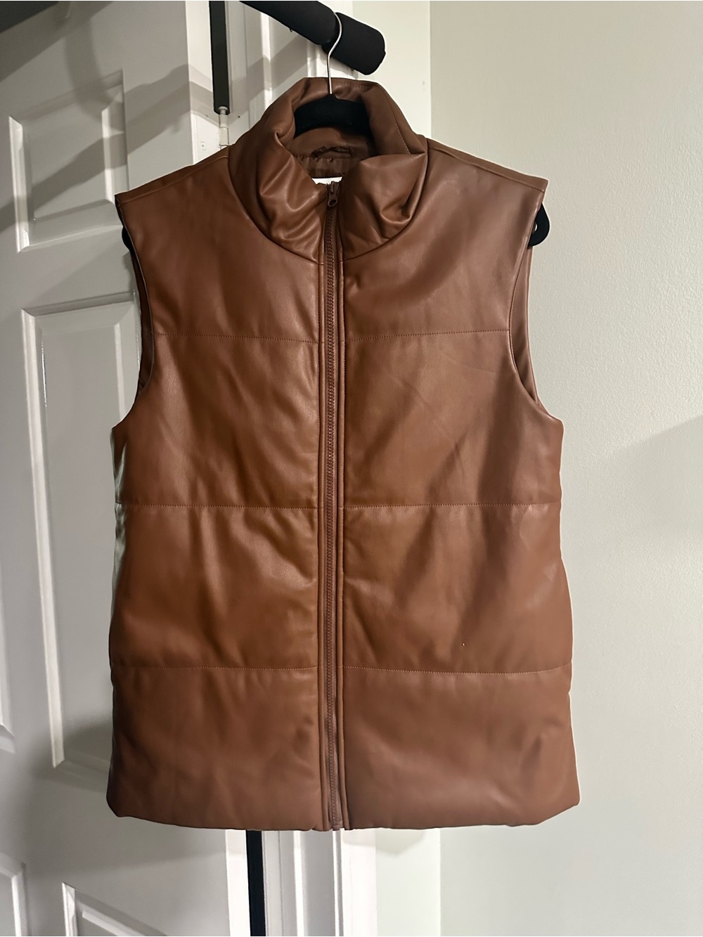Women's Brown Leather-Look Puffer Vest - Sleeveless Zip Front
